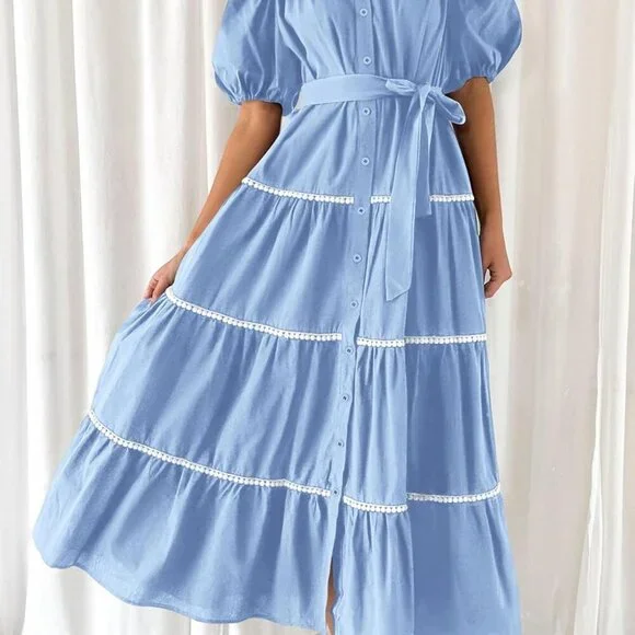 Women's Summer Button Down Maxi Dress Puff Sleeves Tiered Ruffle Flow - Picture 5 of 6